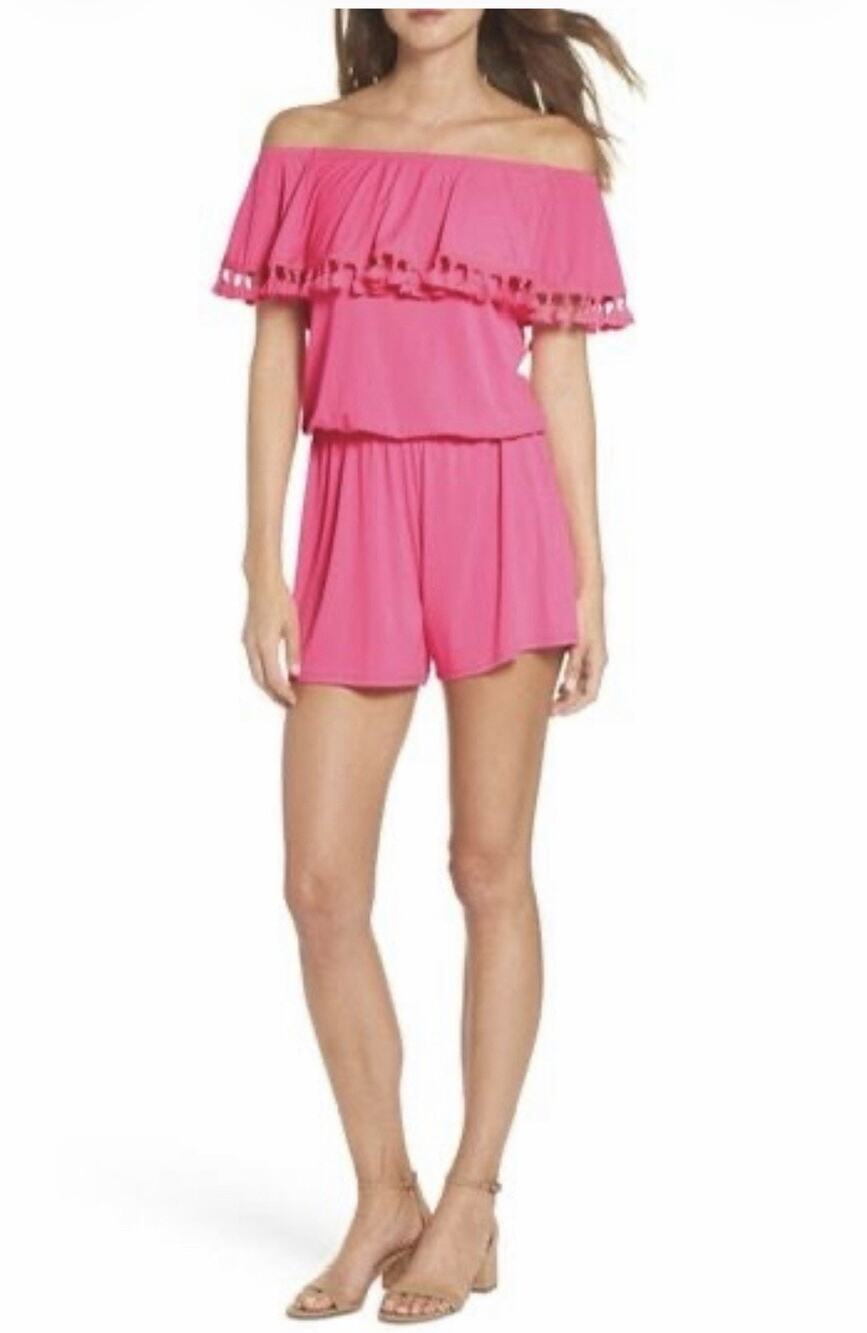 Lilly Pulitzer La Fortuna Off Shoulder Romper XS Pink Cosmo Tassels Shorts Prep